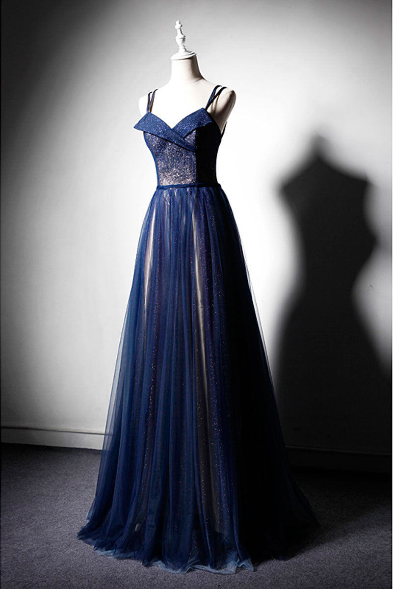 Dark blue tulle long prom dress, dark ...